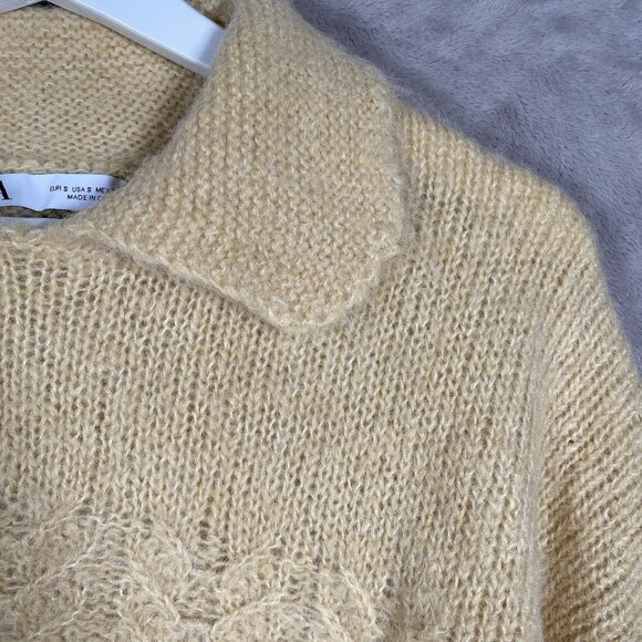 Zara Cropped Sweater Size S Alpaca Wool Blend Knit Peter Pan Collar Blogger Fave - Picture 6 of 12